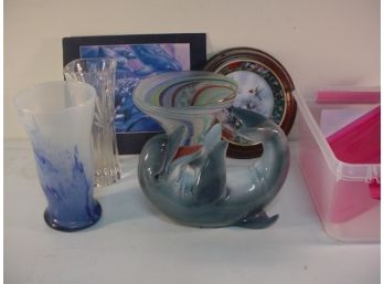 Hand Blown Vase By Kevin Deetz, 2 Vases, Dolphin Figurine, Plate, Photo  (208)