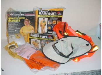 Outdoor Gear: Rain Suits(L), Leather Gloves, 2 Heavy Duty Latex Gloves, Hat, Safety Vest, Etc.  (203)