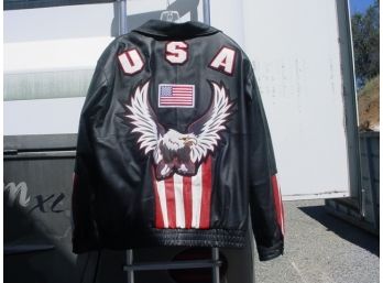 USA Leather Men's (XXL) Jacket, Eagle Decorated Back, R&W Striped Sleeves  (212)