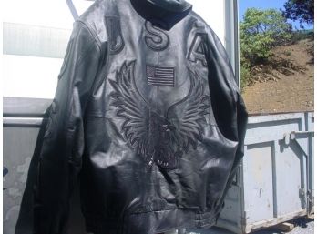 USA Men's Leather Jacket, (XXL), Black Eagle On Back  (213)