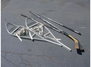 Pair Of Metal Snowshoes, 2 Hockey Sticks, Pool Cue  (106)