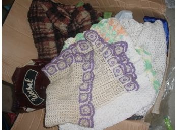 Box Of Knitted Blankets, Throws, Clothing, Etc.  (24)