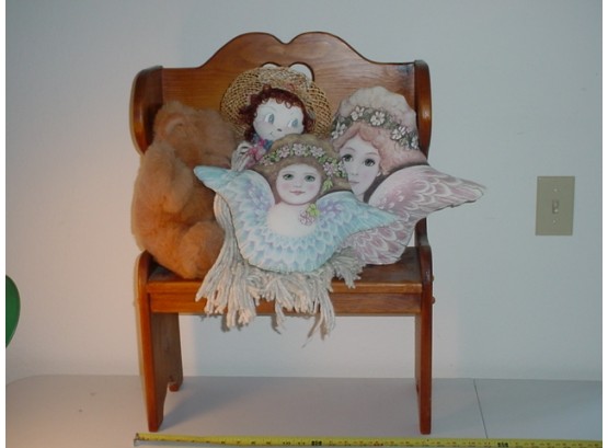 Wood Bench With Pillows, Rag Doll, Praying Teddy Bear  (151)
