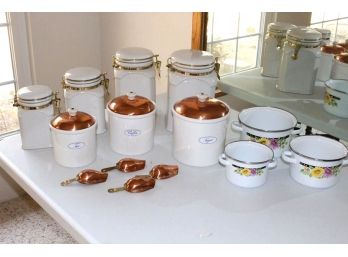 4 Piece Canister Set With Copper Scoops, 3 Piece Set W/ Copper Lids, 3 Handled Bowls  (71)