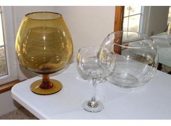 Huge Amber Glass Snifter, Large Fish Bowl, Tall Marquita Glass  (73)