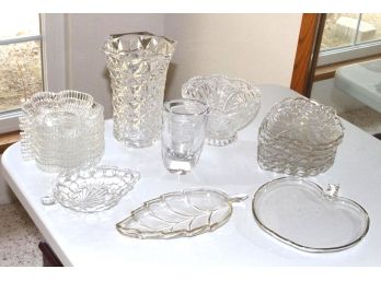 Glass Lot: Signed Vase, French Quilted Diamond Pattern Vase, Lunch Plates, More  (83)