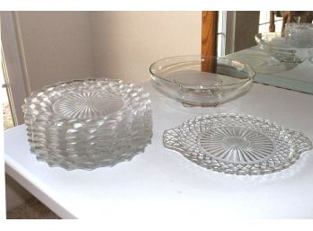 Set Of 8 Glass Plates, Glass Bowl, Diamond Pattern Plate  (52)