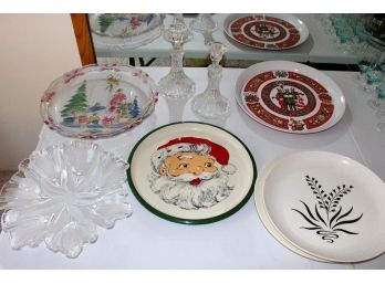 Glass And  Ceramic Platters/Plates, Christmas Plates, Pair Cut & Pressed Candlesticks  (59)
