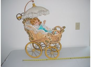 18' Composition Sleeper Doll In Antique Wicker Pram  (39)