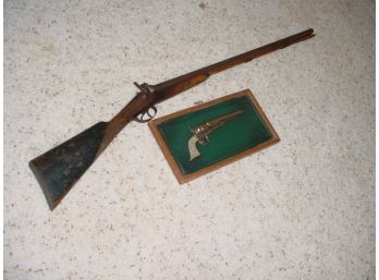 Early Flintlock Double Barrel Shot Gun, Framed Facsimile Pistol