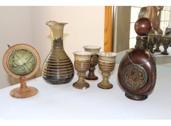 Leather Covered Bottle, Ceramic Decanter W/3 Goblets, Miniature Globe  (57)