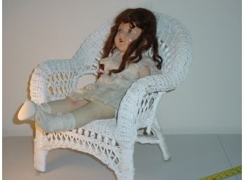 Composition Sleeper Doll With Glass Eyes And Human Hair In Wicker Chair  (40)