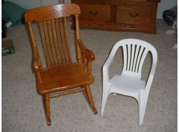 Child's Wood Rocking Chair 15'W, 30'H And Plastic Child's Chair  (174)