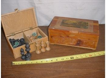2 Wood Boxes, Chess Pieces  (211)