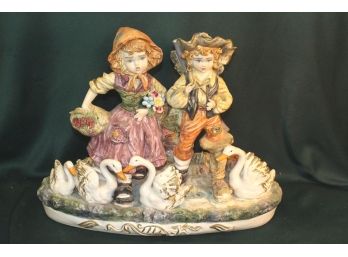 Porcelain Boy & Girl W/ Goose, Capodimonte, Italy, 15'H  (99)