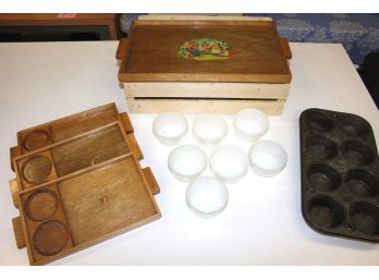 4 Wood Trays, 7 Custard Cups, Muffin Pan In Wood Box  (121)
