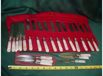 16 Mother Of Pearl, Sterling Collars Dinner Knives, 6 Small MOP Knives  (40)