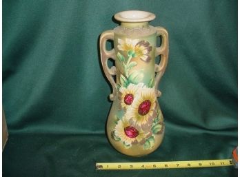 Tall Green Floral Decorated 2 Handled Ceramic Vase, 12 1/2'H  (16)