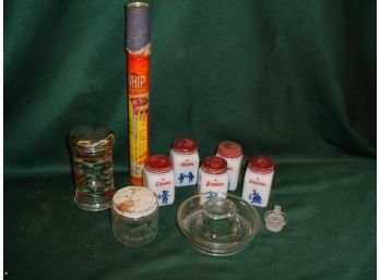 5 Spice Jars,Sugar Shaker, Burma Shave Jar, Whip Beater, Waterer  (72)