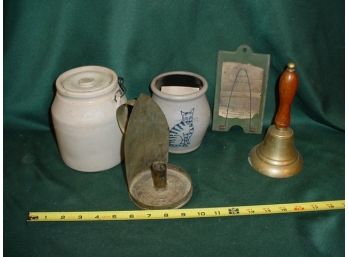 Wood Handles Brass Chool Bell, Tin Candle Holder, 2 Crocks  (66)