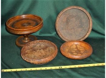 Wood Pedestal Bowl, 3 Pyrography Bowls  (14)