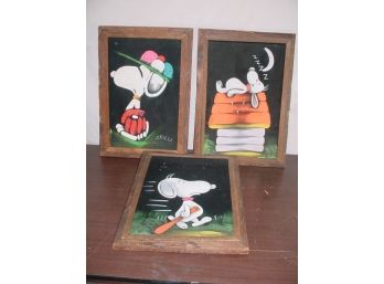 3 Framed Snoopy Painting On Velvet, 14'x 21'   (214)
