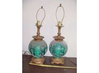 Pair Of Etched Blue Glass Table Lamps   (165)