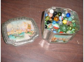 Tin Container Of Marbles  (246)