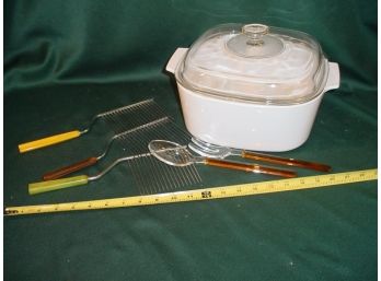 Large Covered Glass  Casserole, 3 Bakelite Handled Angel Food Cake Cutters, Amber Glass Fork & Spoon  (61)