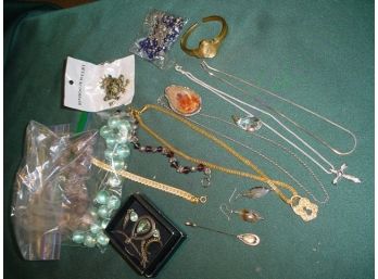 Jewelry: 6 Necklaces, Rosary, Crazy Lace Agate Pendant, Marbles, Beads, Wrist Watch, More  (80)