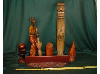 6 Carved Wooden Figurines, Wall Shelf W/plate Rack  (51)