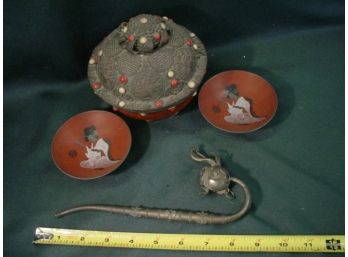 Oriental Covered Bowl, 2 Small Plates, Opium Elephant Pipe  (19)