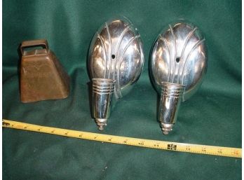 Pair Of Nickel Plated Light Sconces &  Old Cowbell   (65)