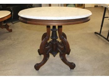 Oval Marble Top Parlor Table With Victorian Black Walnut Center  Pedestal Base, Shaped Apron  (97)