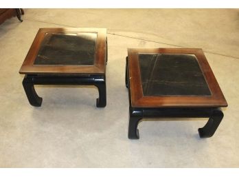 Pair Of Oriental Black Marble Top Side Tables   (100)