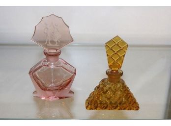 2 Czechoslovakian Scent Bottles; Pink & Amber  With Original Glass Stoppers  (113)