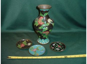 4 Cloisonne Items , Vase & 3 Small Plates  (17)