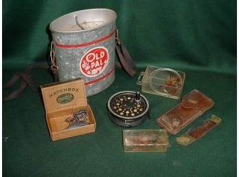 Fishing Lot: Aluminum Bait Bucket, Lures, Fly Fishing Flies And Lures, Reel, Folding  Knife  (18)