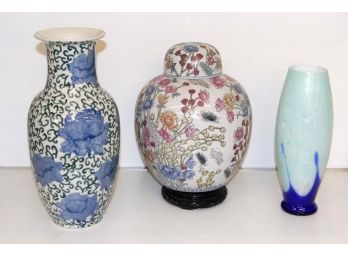 12' Made In China Vase, Large Ginger Jar & Lid, Hand Blown Cobalt Blue Overlay Glass Vase  (106)