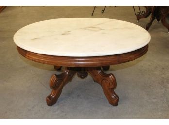 Oval Marble Top Coffee Table On Carved Black Walnut Pedestal Base, 18'H  (103)