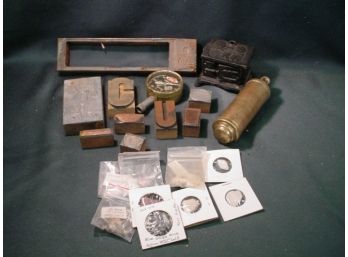 Core Samples, Printer's Stamps, Tire Gauge, Toy Stove   (82)