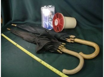 2 Old Wood Handled Umbrellas, Hair Dryer Attachment, Massager  (31)