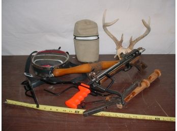 Antlers, Skeet Launcher, Auger Handle Bow, 2 Sling Shots, 2 Canteens  (122)