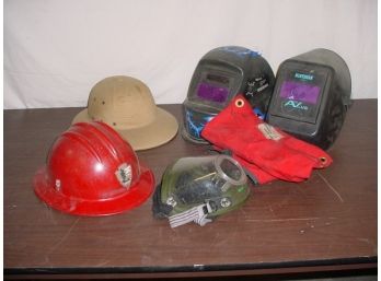 2 Welder's Helmets, Safari Helmet, Hard Hat, Gas Mask  (149)