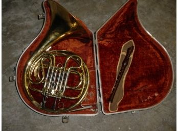 French Horn In Case With No Mouth Piece And Wood Flute  (136)