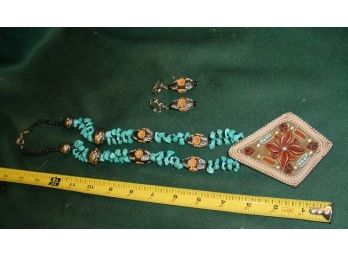 Tooled Medallion Necklace With Coral & Turquoise, Matching Earrings  (136)