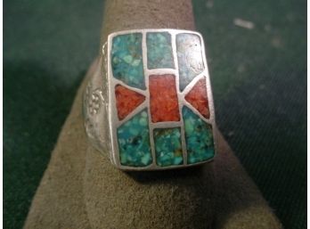 Men's Ring, Coral & Turquoise, Tested Sterling, 9.2g  (151)