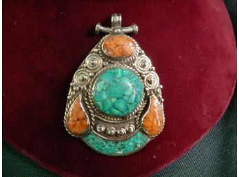 Silver Pendant With Coral & Tourquoise     (175)