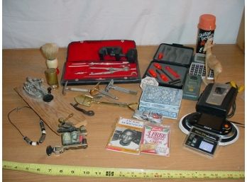 Misc. Lot; Morse Code Key, Razors & Brush, Tools, Rrecorders, Covered Jar, More  (3)