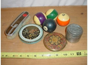 2 Compacts, Covered Jar, Brush, 4 Pool Balls  (32)